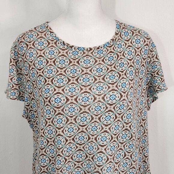 J. Jill Linen T-Shirt Size Medium Brown and Blue Medallion Print Tee - Picture 2 of 7